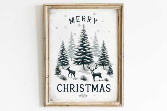 Elegant Merry Christmas Deer in Snowy Pine Forest Holiday Poster
