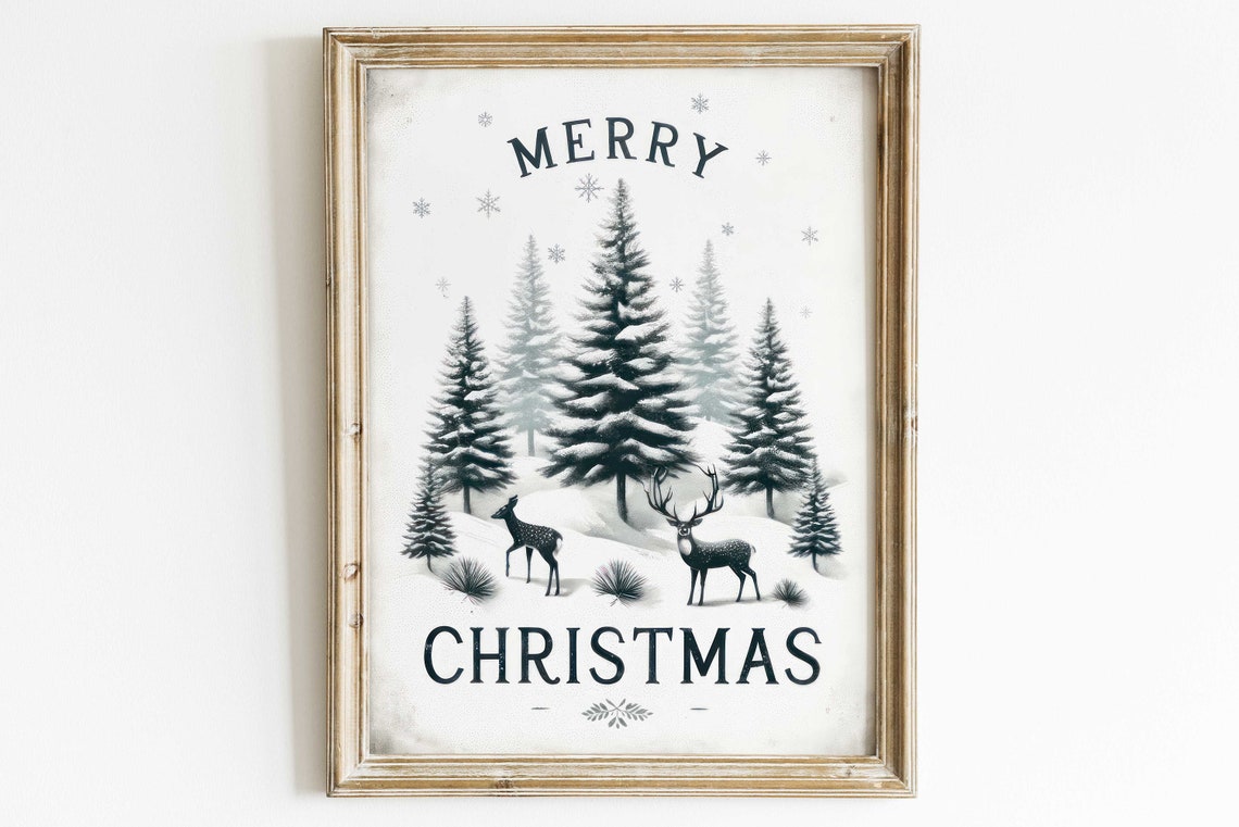 Elegant Merry Christmas Deer in Snowy Pine Forest Holiday Poster