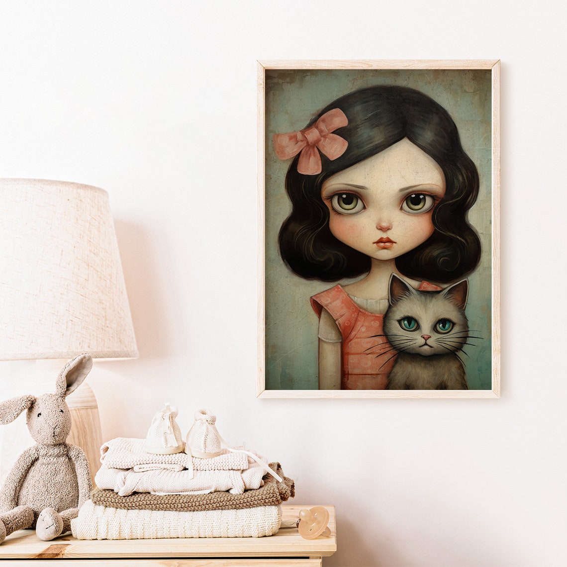 Big-Eyed Girl With Her Gray Cat in a Whimsical Portrait Poster - Image 2