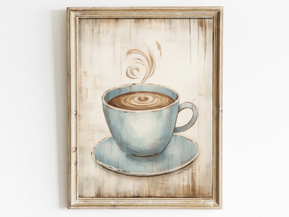 Coffee Art Coffee Cup Print Rustic Kitchen Decor Vintage Wall Art Distressed Wall Art Rustic Wall Decor Coffee Art