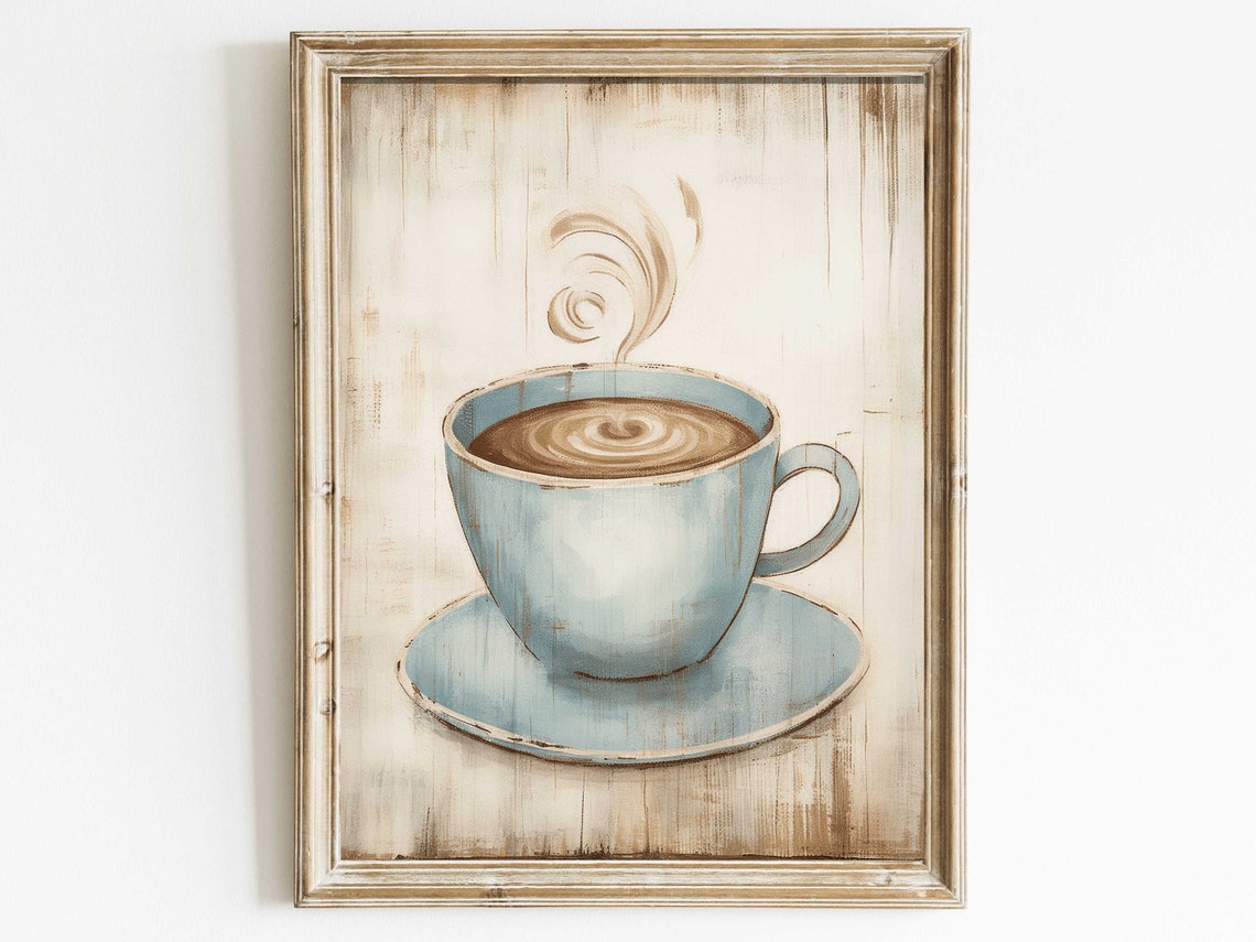 Coffee Art Coffee Cup Print Rustic Kitchen Decor Vintage Wall Art Distressed Wall Art Rustic Wall Decor Coffee Art