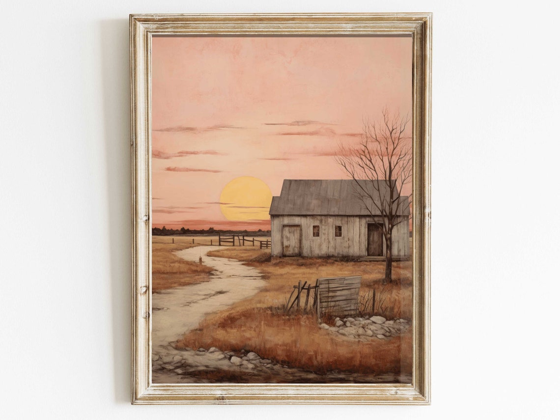 Rustic Barn at Sunset Blush Sky Countryside Farmhouse Wall Poster