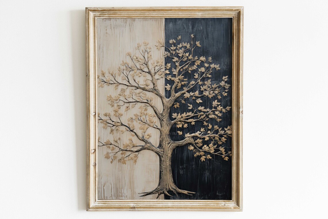 Golden Tree Of Life Art On Split Light And Dark Wood Panel Poster