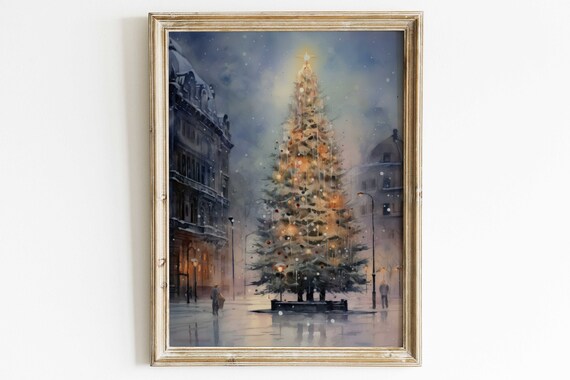 Snowy Christmas Tree in Old Town Square Vintage Watercolor Poster