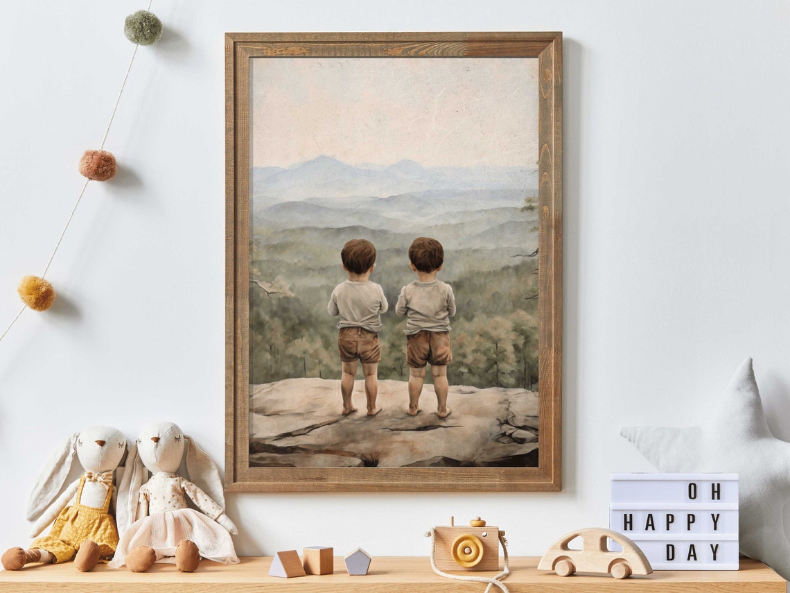 Twin Boys Standing Together Overlooking Mountain Valley Art Poster