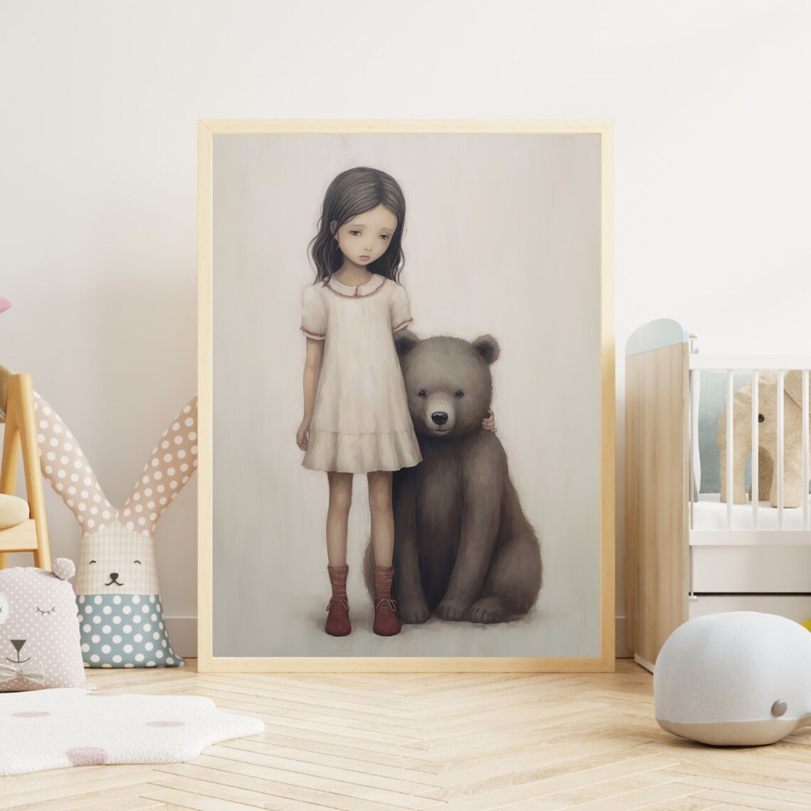 Vintage Girl with Brown Bear Cub Sweet Classic Nursery Poster - Image 2
