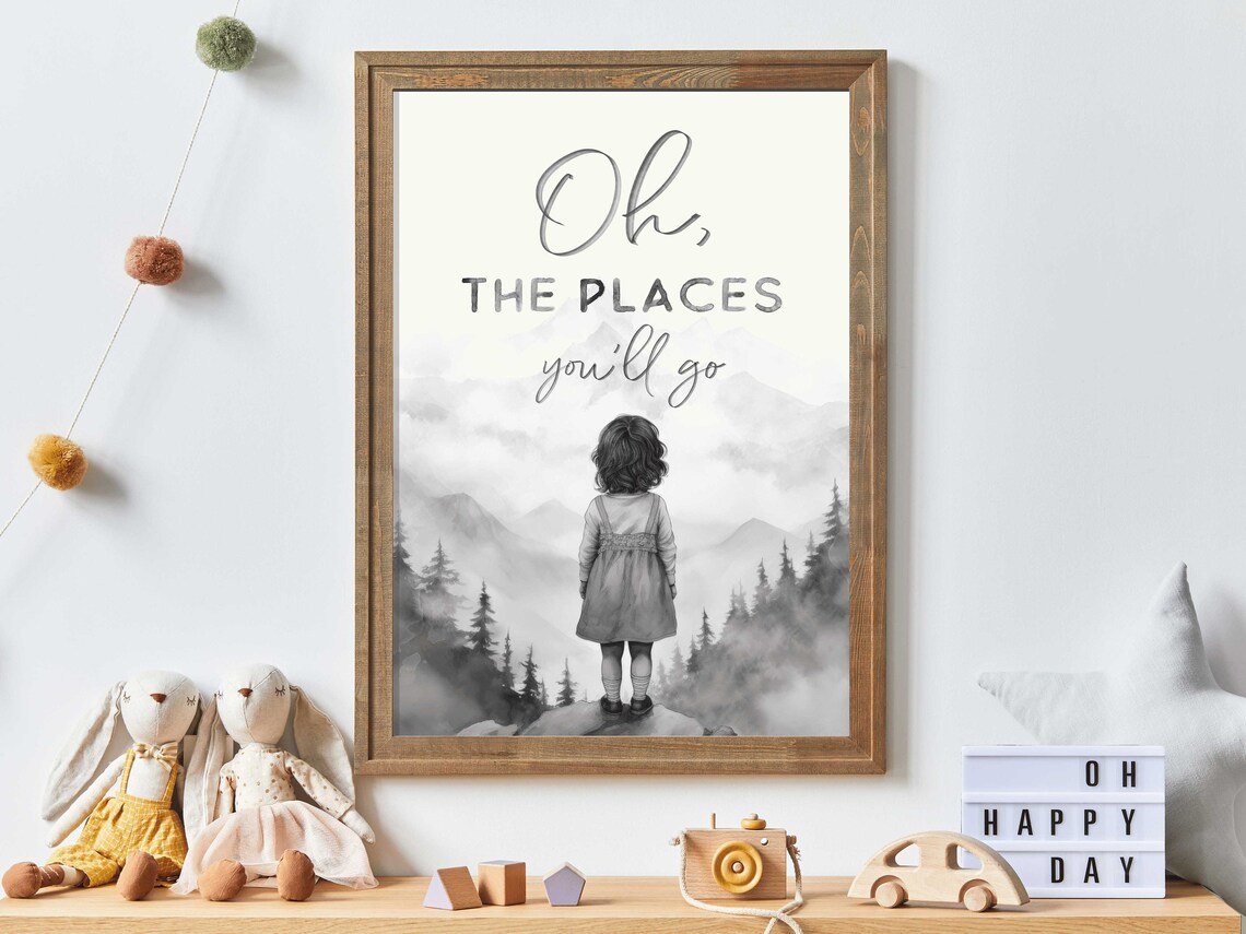 Oh the Places Youll Go Quote Girl Facing Misty Mountains Wall Poster
