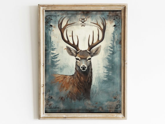 Majestic Stag with Antlers in Misty Forest Vintage Wildlife Art Poster