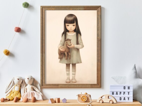 Little Girl Holding Wooden Toy Horse In Cream Dress Nursery Poster