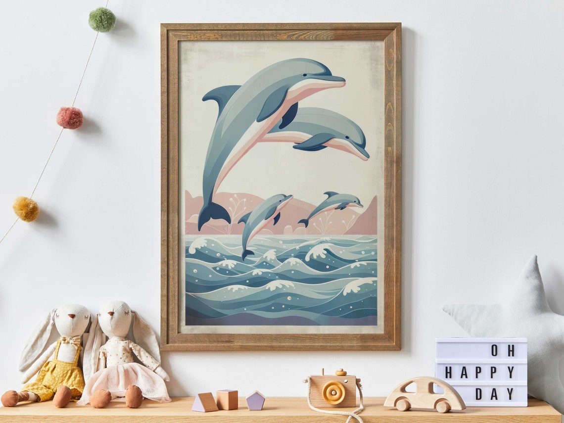 Four Dolphins Jumping Retro Ocean Waves Sea Life Scene Poster