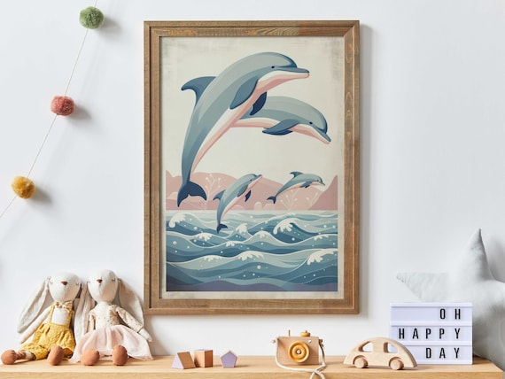 Four Dolphins Jumping Retro Ocean Waves Sea Life Scene Poster