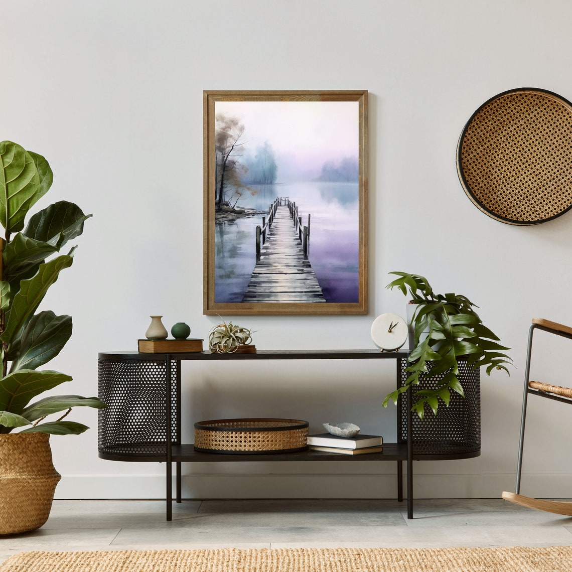 Purple Misty Lake Wooden Dock Tranquil Waterscape Scene Poster - Image 2