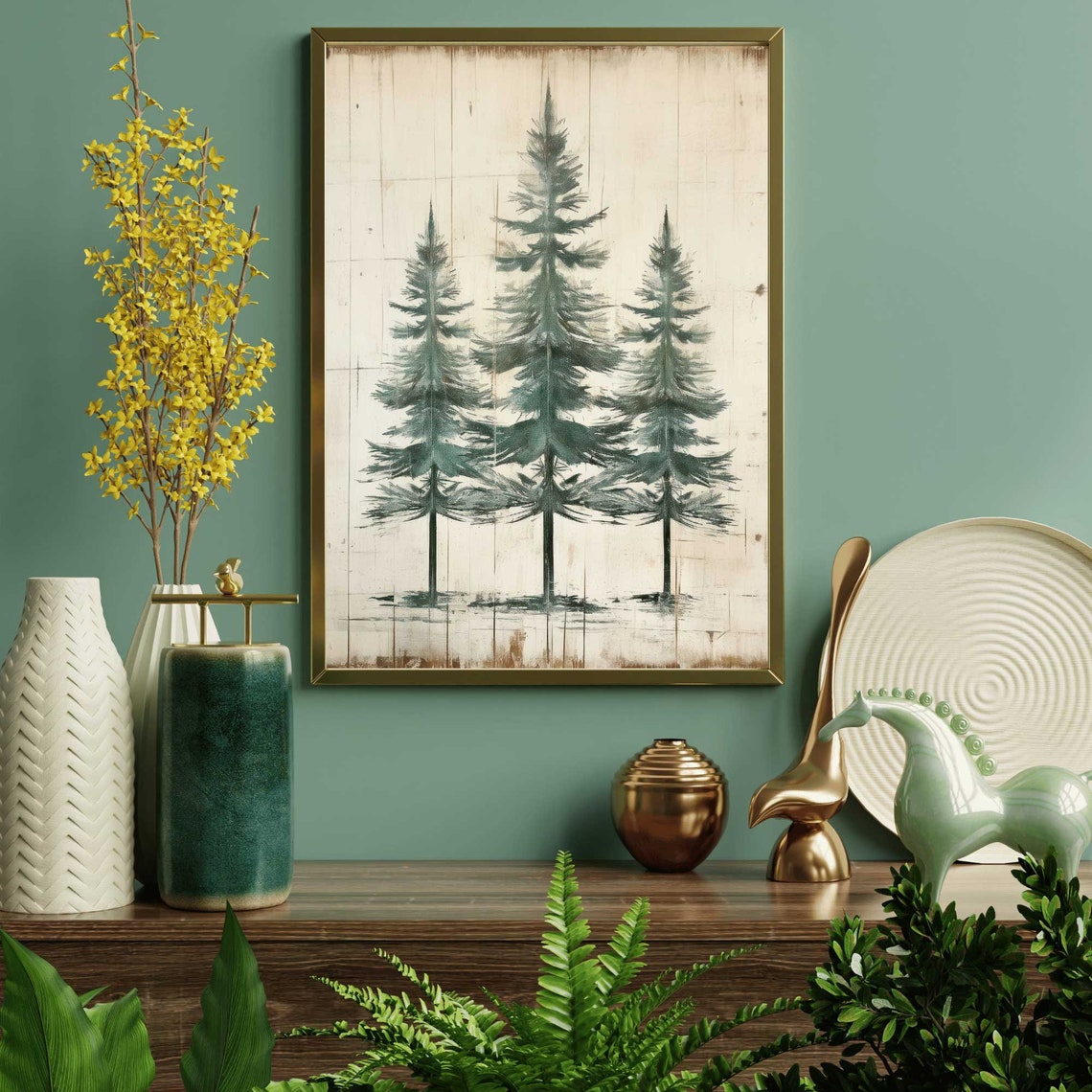 Three Tall Fir Trees on Cream Minimalist Winter Forest Art Poster - Image 2