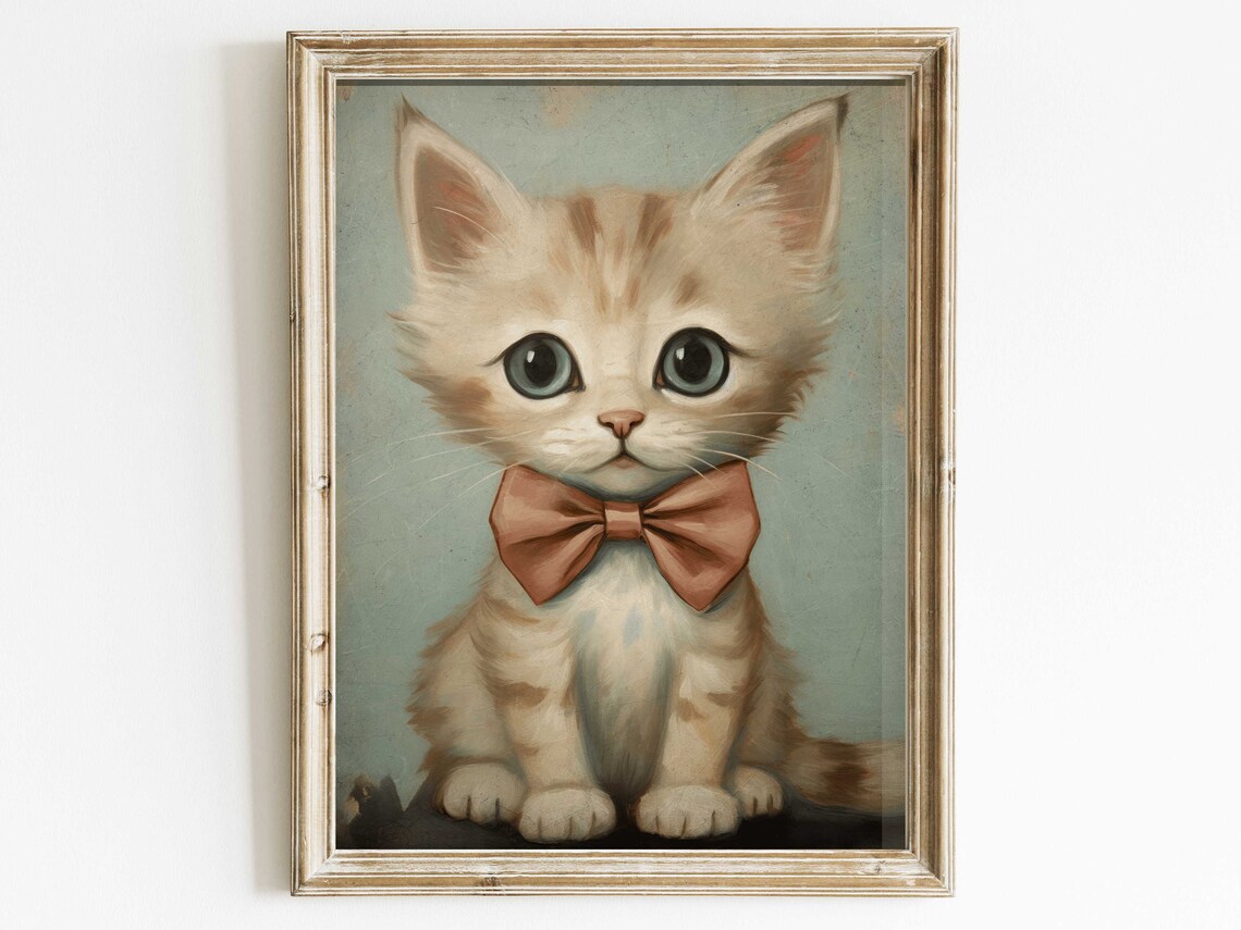 Vintage Cat Nursery Art Print, Cute Kitten With Bow Tie