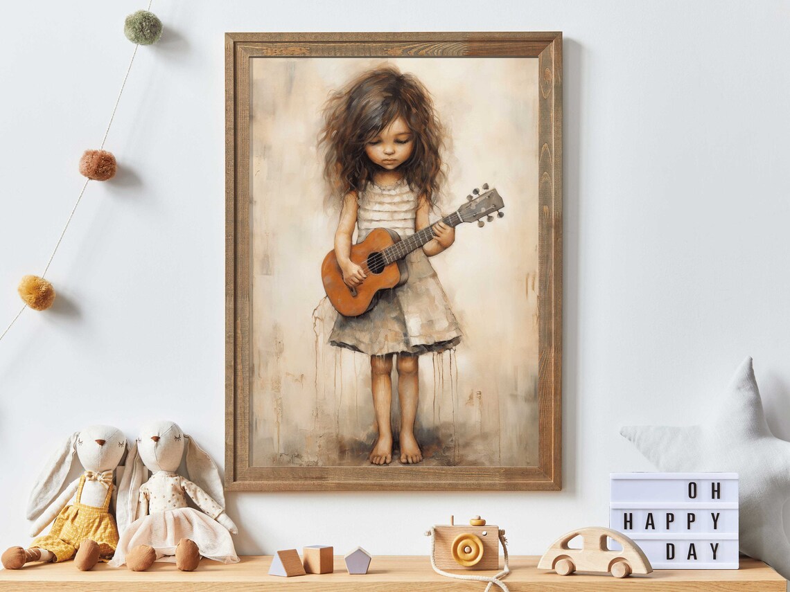 Little Girl Playing Acoustic Guitar Vintage Style Nursery Poster