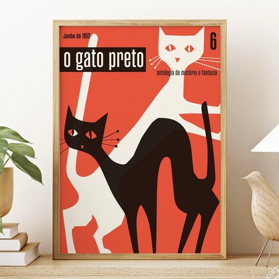 O Gato Preto 1952 Portuguese Magazine Cover Black Cat Red Vintage Art Poster