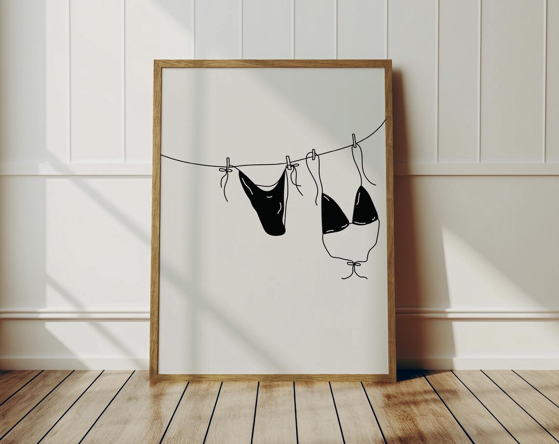 Minimalist Black Bikini On A Clothesline Coastal Line Art Print
