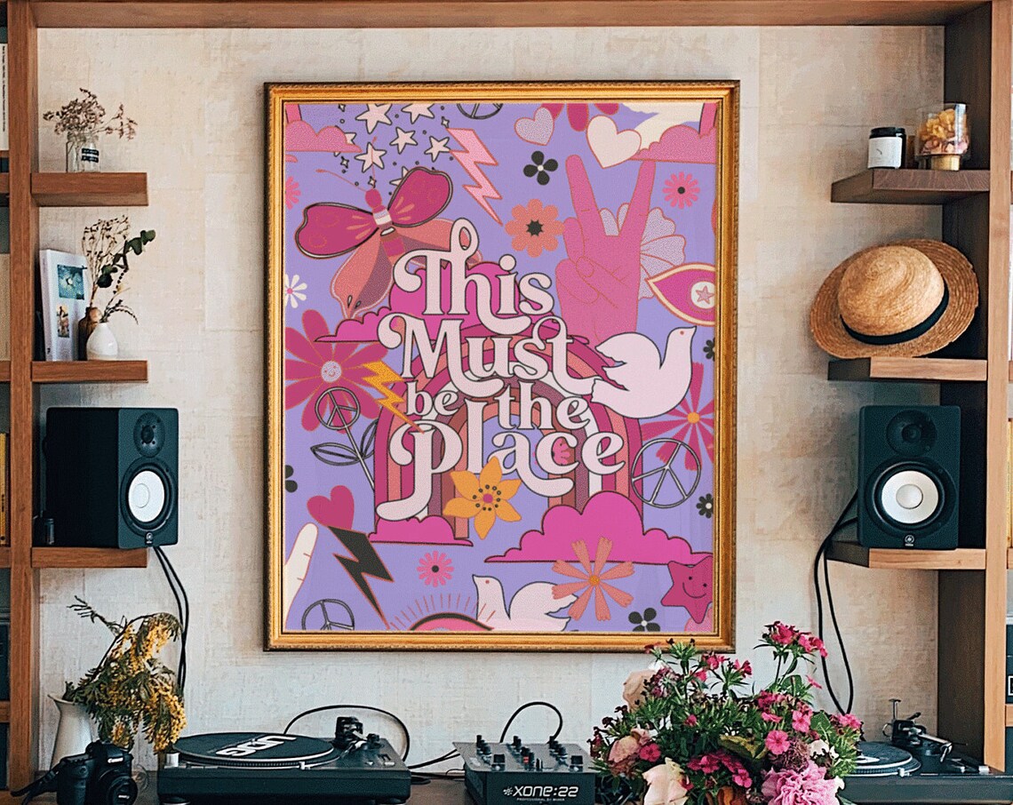 This Must Be The Place Purple Groovy Butterfly Peace 70s Art Poster