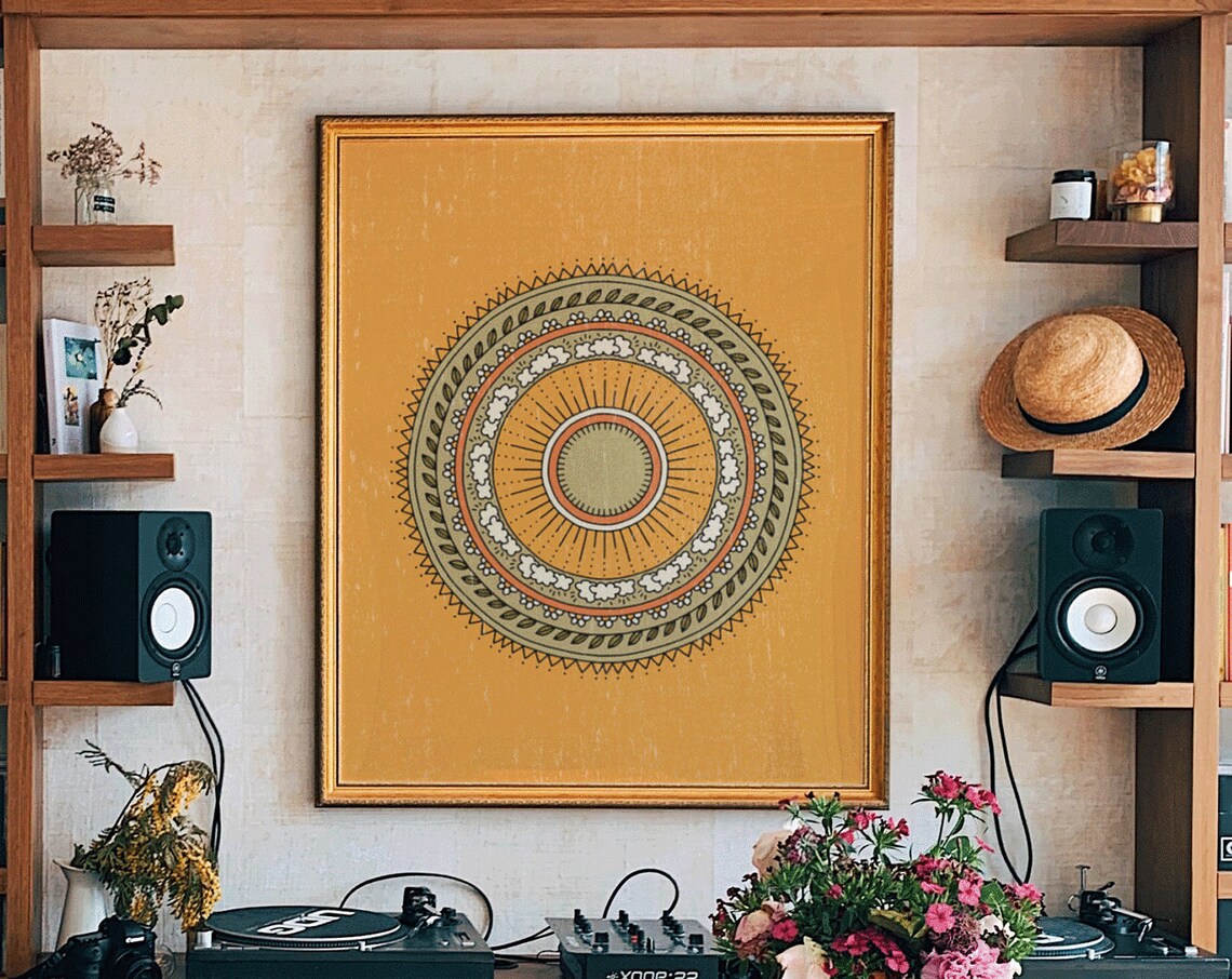 Mustard Yellow Retro Mandala Sunburst Circle Boho Art Poster