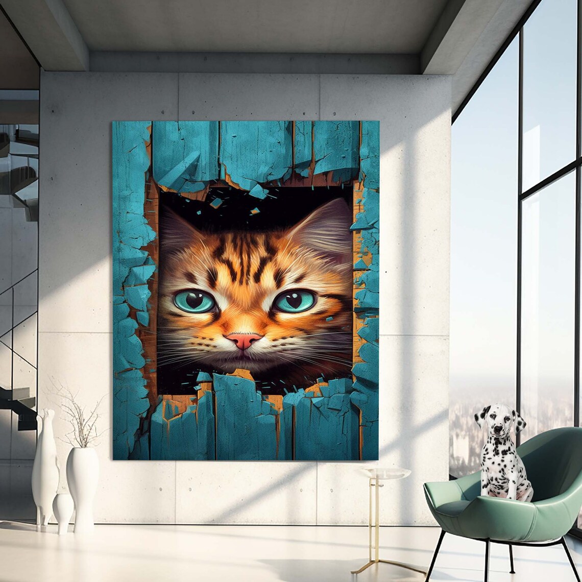 Bengal Cat Peeking Through Turquoise Wooden Door Funny Wall Art - Image 3