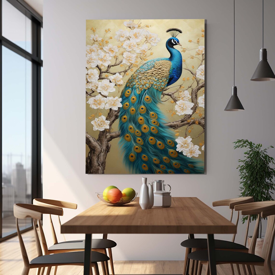 Peacock on Cherry Blossom Branch Gold Blue Elegant Wall Poster - Image 2