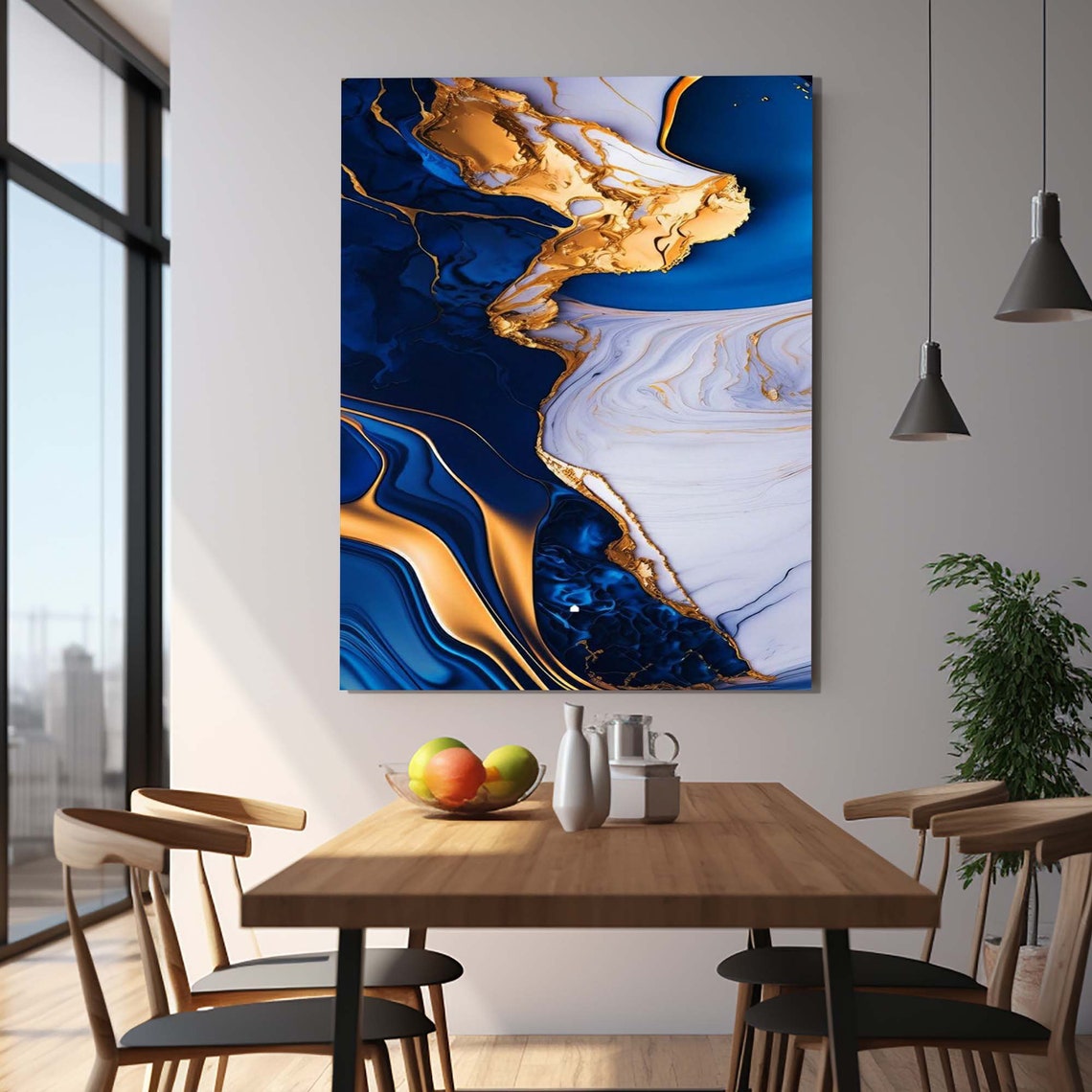 Navy Blue White Gold Marble Abstract Fluid Luxury Wall Poster