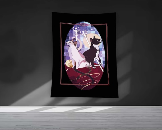 Black Tarot Card Two Cats High Priestess Moon Tapestry Wall Art
