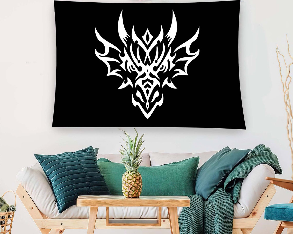 Black Tribal Dragon Head Fantasy Emblem White Ink Tapestry Wall Art