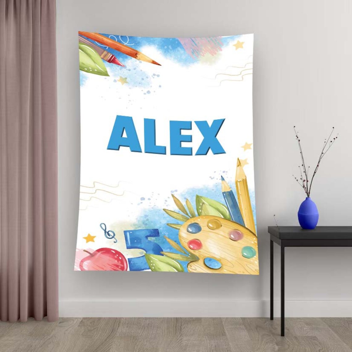 Personalized Kids Name School Supplies Watercolor Children Room Poster