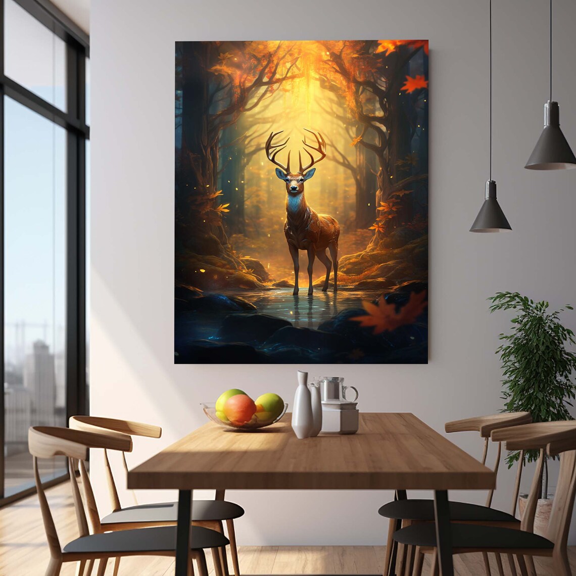 Majestic Stag Deer Golden Autumn Forest Stream Wildlife Wall Art - Image 3