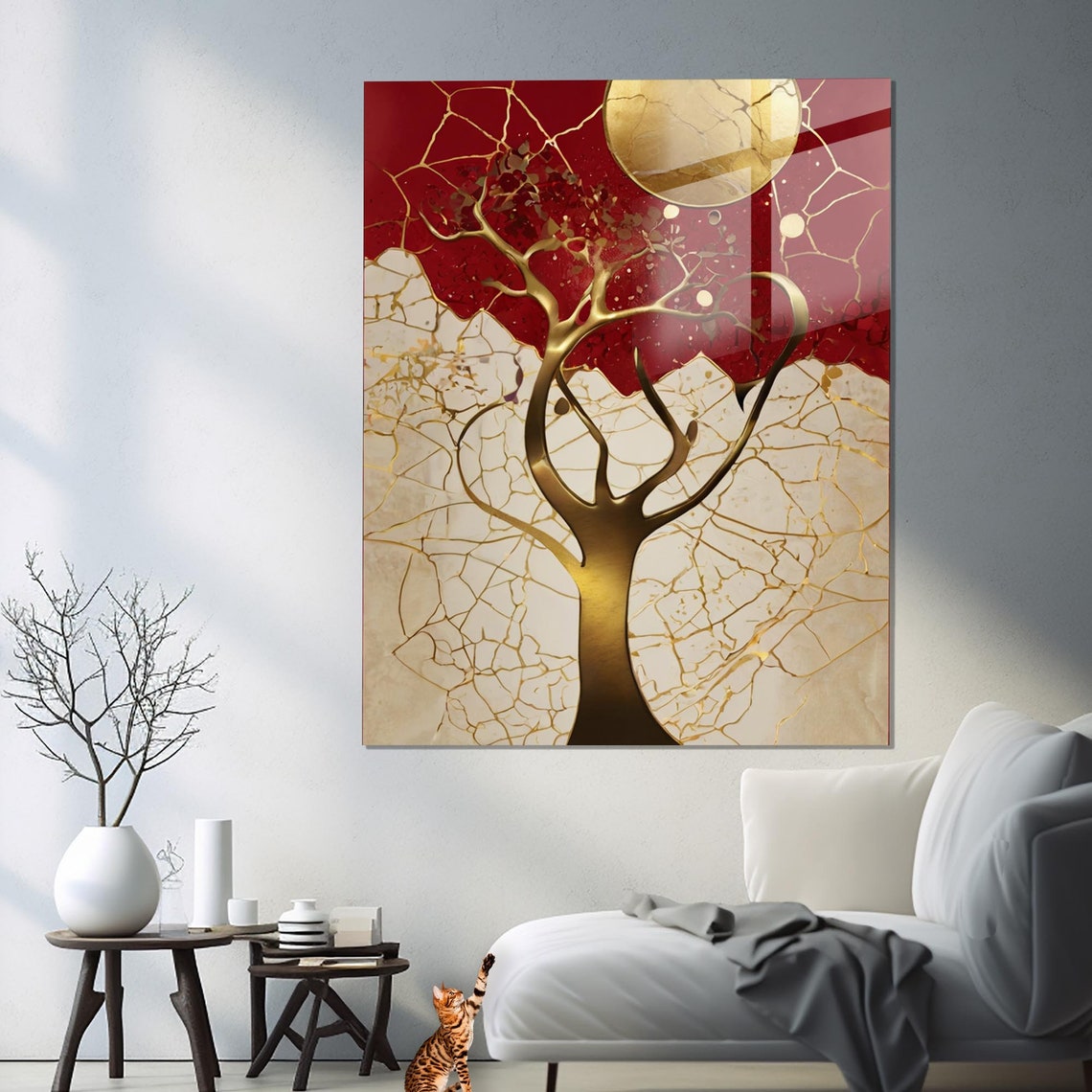 Gold Tree Red Kintsugi Marble Golden Moon Modern Wall Poster