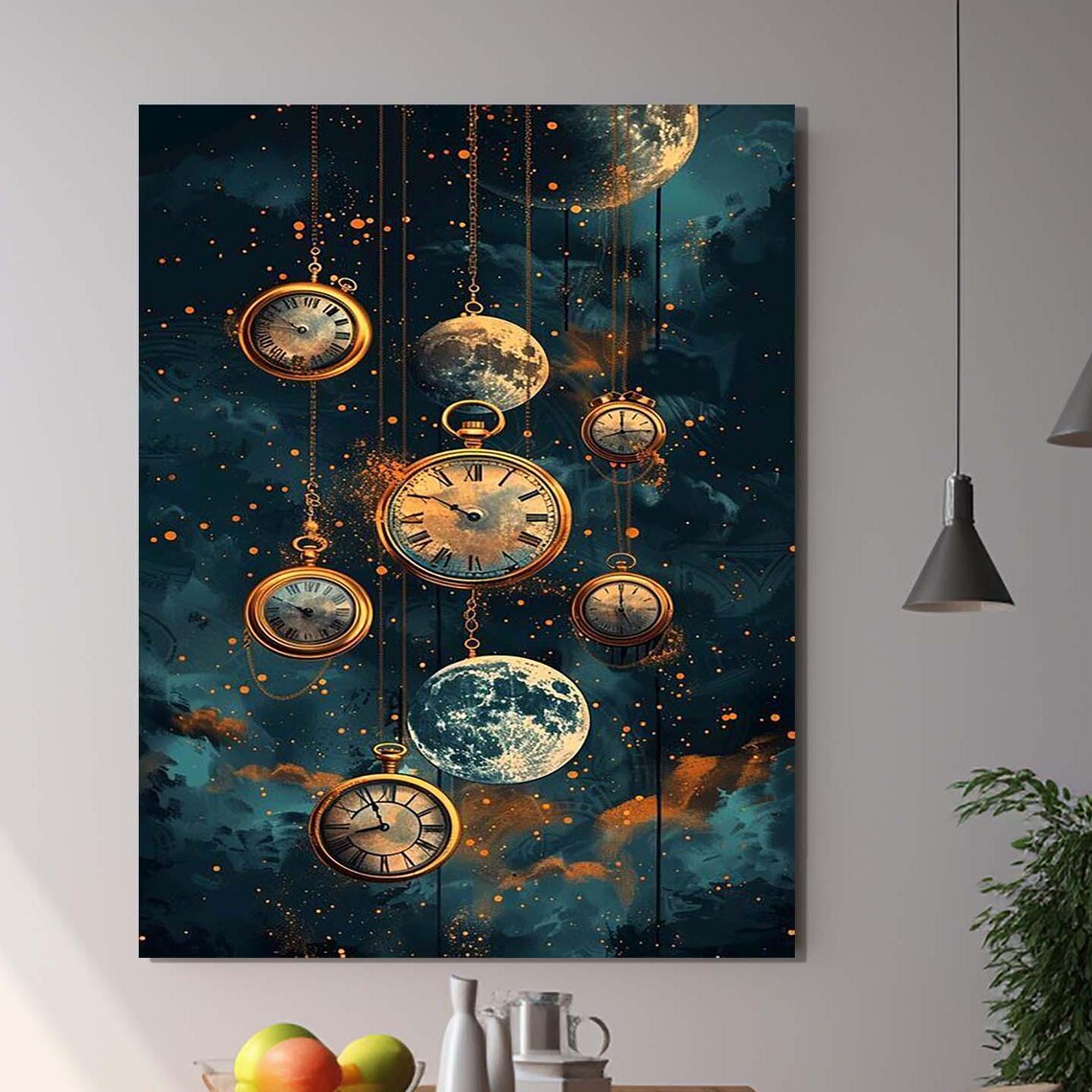 Vintage Pocket Watches Hanging Among Moons In Cosmic Night Sky Wall Art