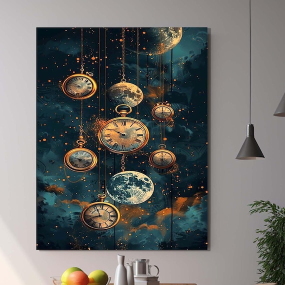 Vintage Pocket Watches Hanging Among Moons In Cosmic Night Sky Wall Art