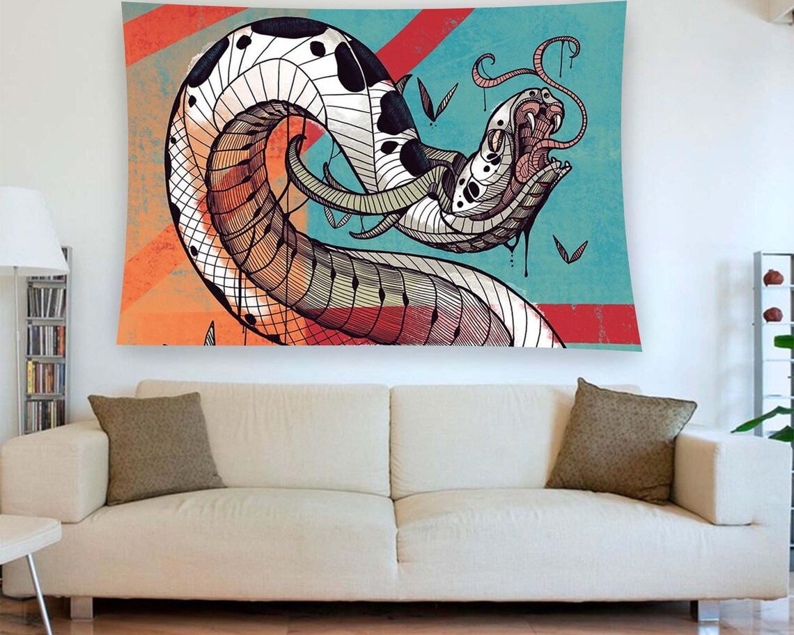 Colorful Giant Snake Tattoo Doodle Art Teal Orange Tapestry Wall Art - Image 2