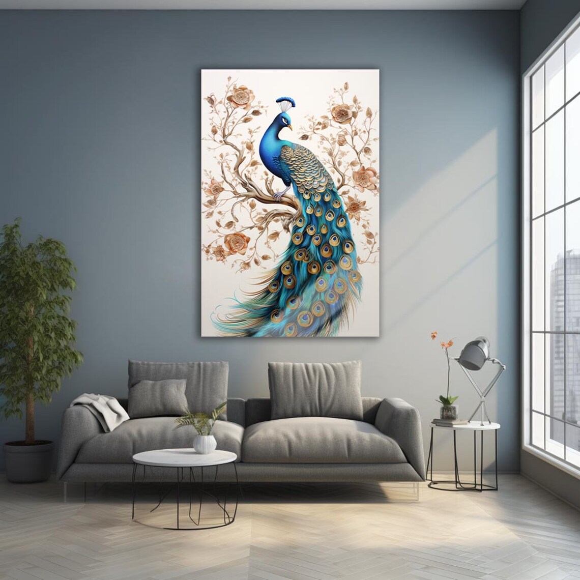 Elegant Peacock Branch Golden Flowers Cream Bird Feather Art Poster - Image 3
