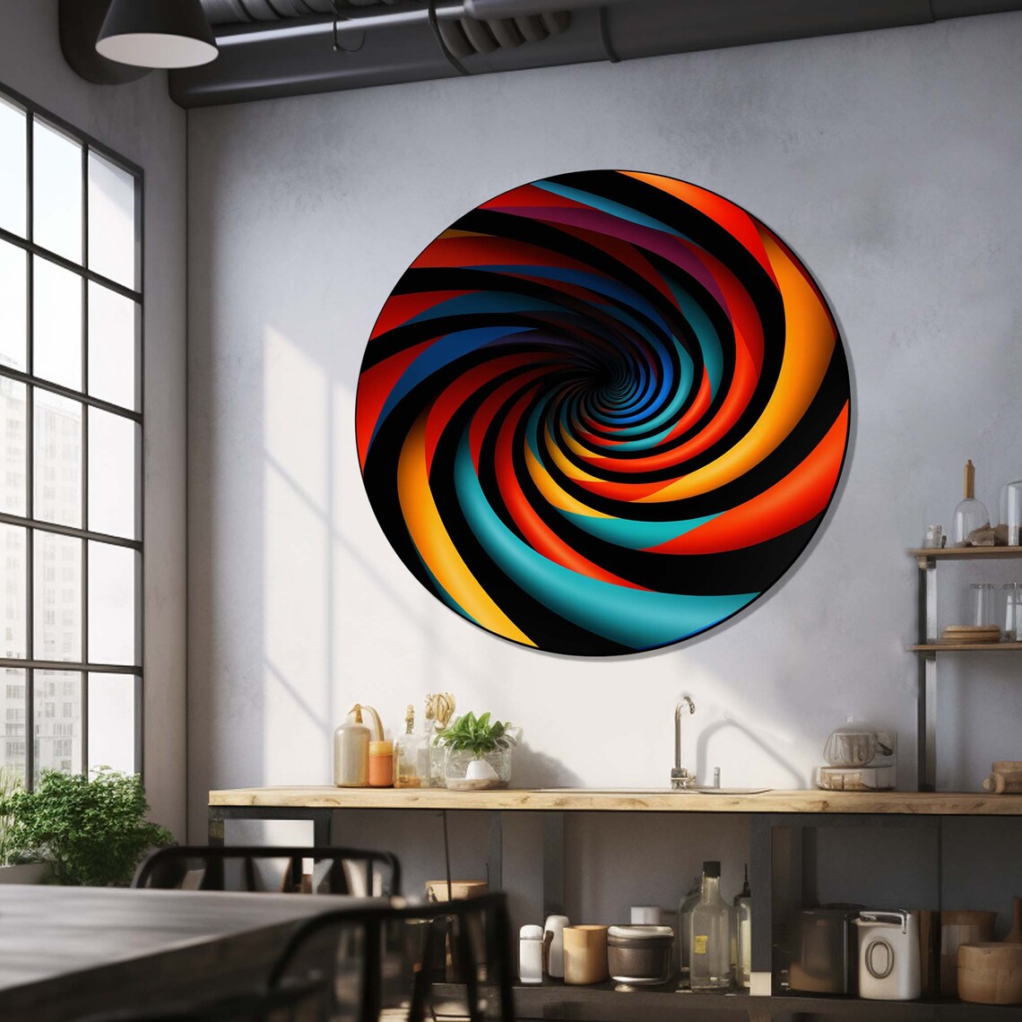 Fiery Spiral Swirl Tunnel Black Red Orange Teal Round Wall Art