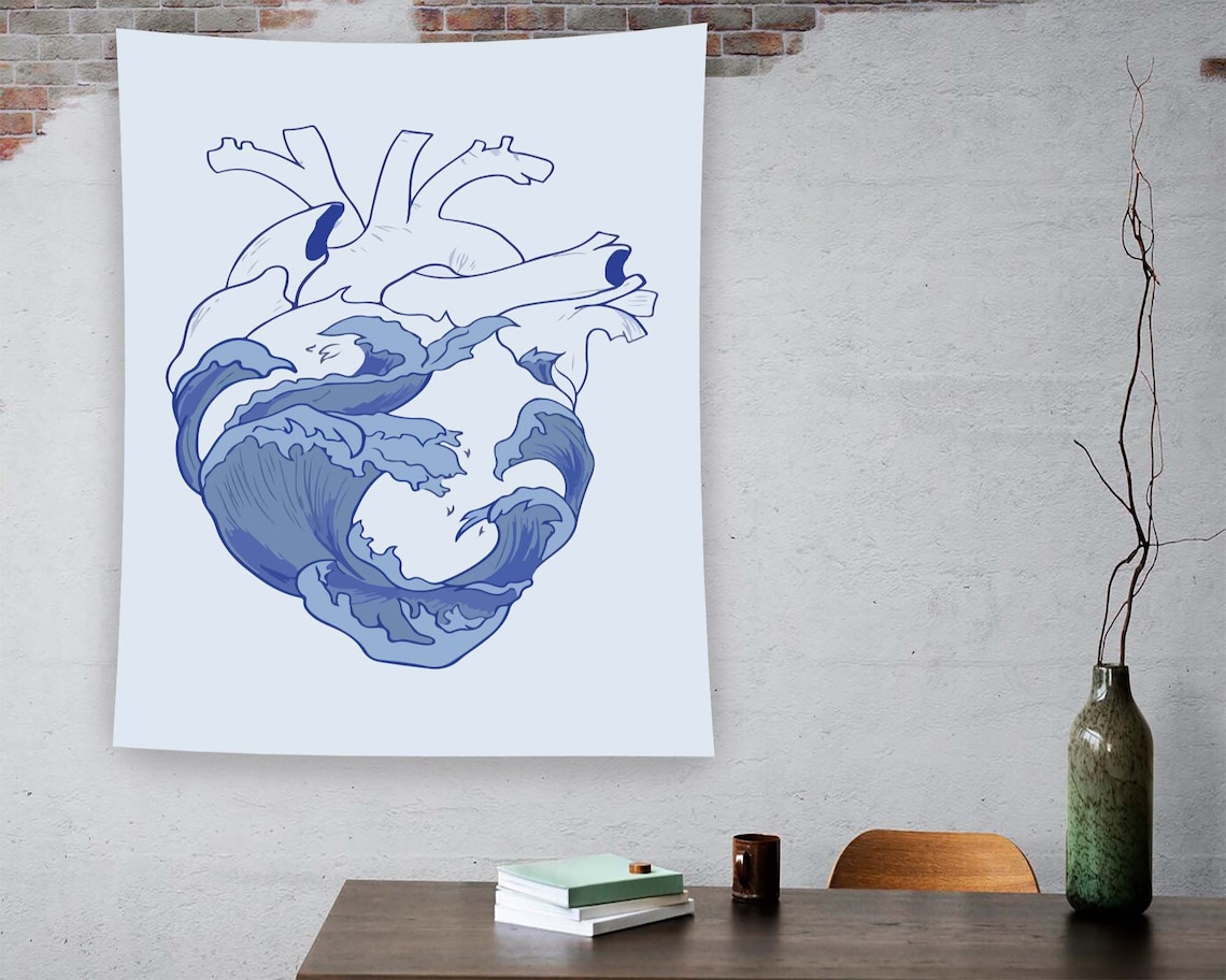 Ocean Wave Anatomical Heart Blue Line Art Minimalist Wall Art - Image 2