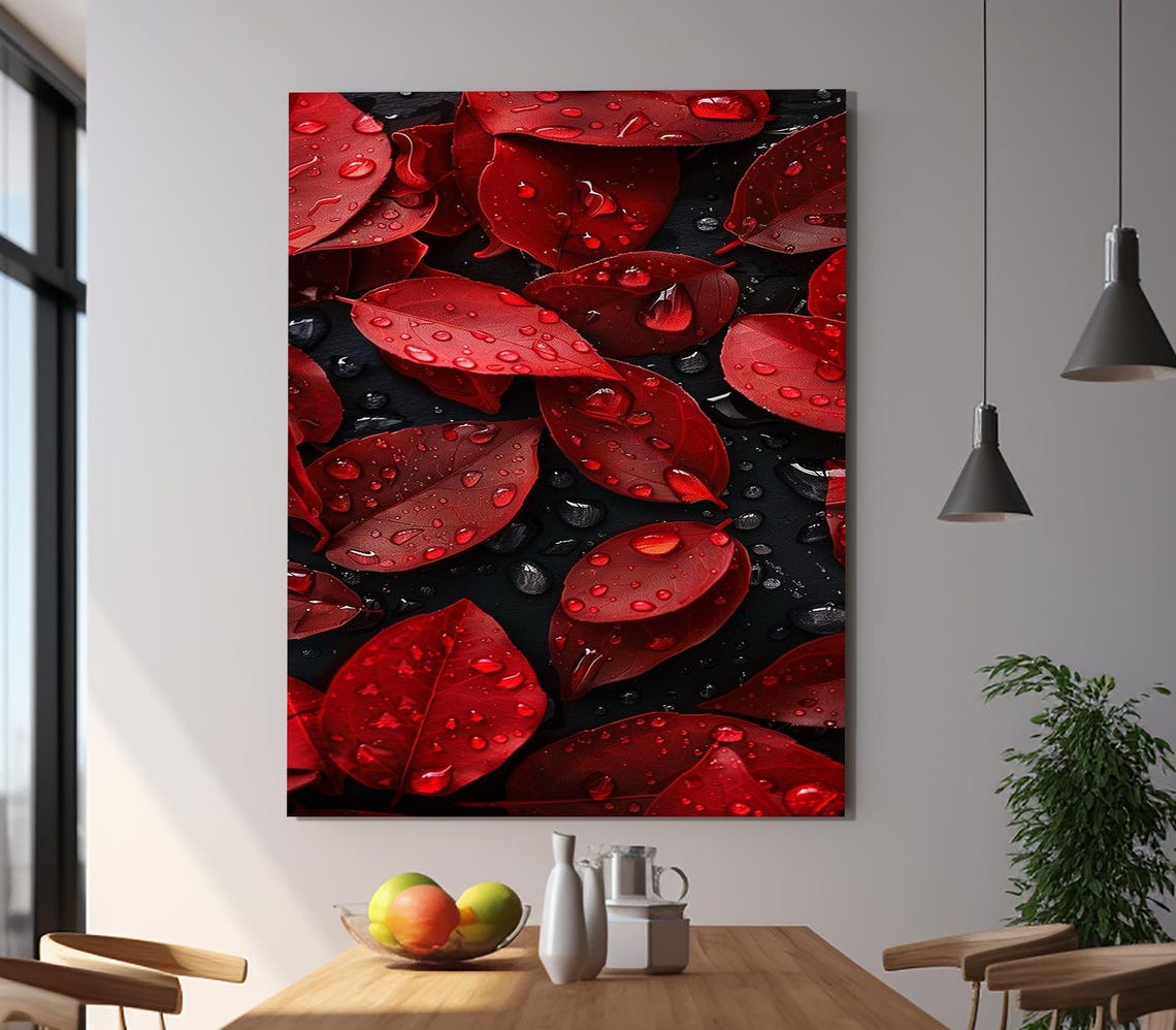 Scarlet Autumn Leaves With Dew Drops Dark Botanical Macro Wall Art