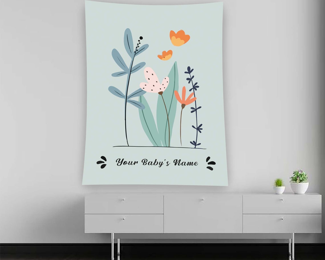 Personalized Baby Name Mint Floral Custom Nursery Tapestry Poster