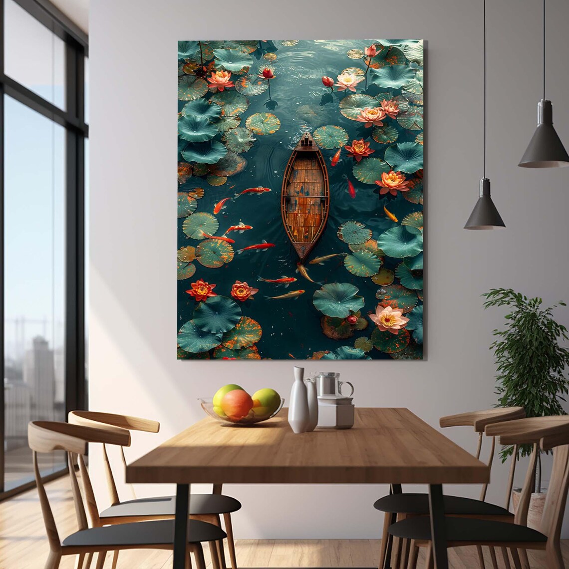 Aerial View Of Wooden Boat Among Lotus Lilies And Koi Fish Pond Art - Image 3