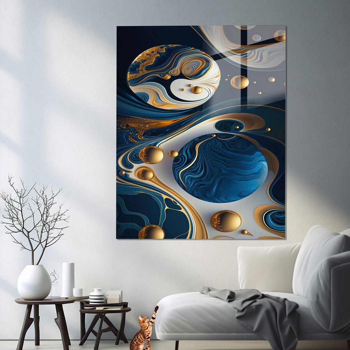 Blue Gold White Abstract Marble Spheres Swirl Luxury Gallery Poster