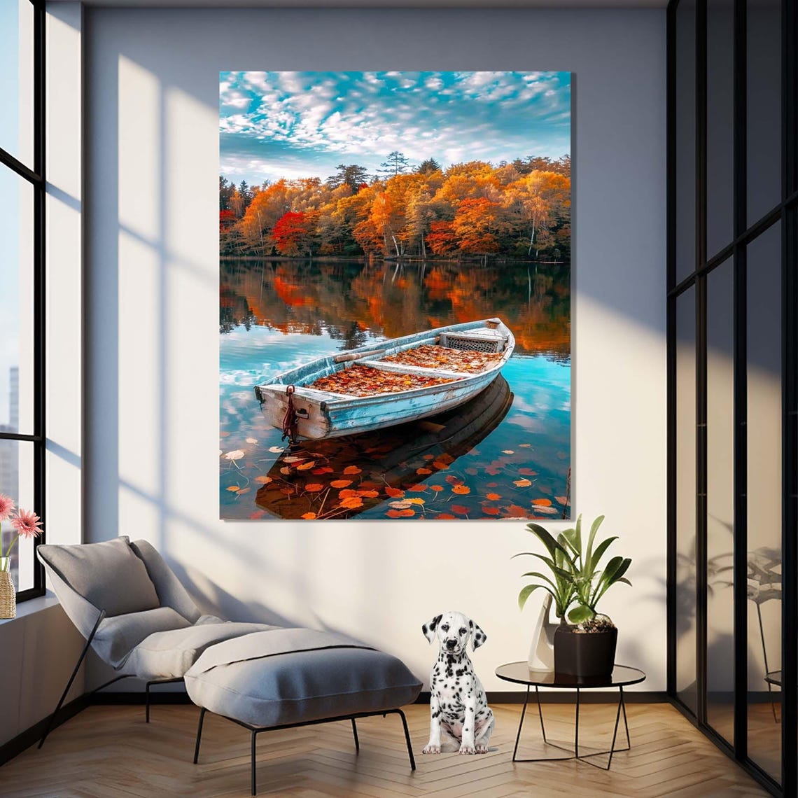 Single White Rowboat On Autumn Lake With Colorful Fall Reflection Art - Image 2