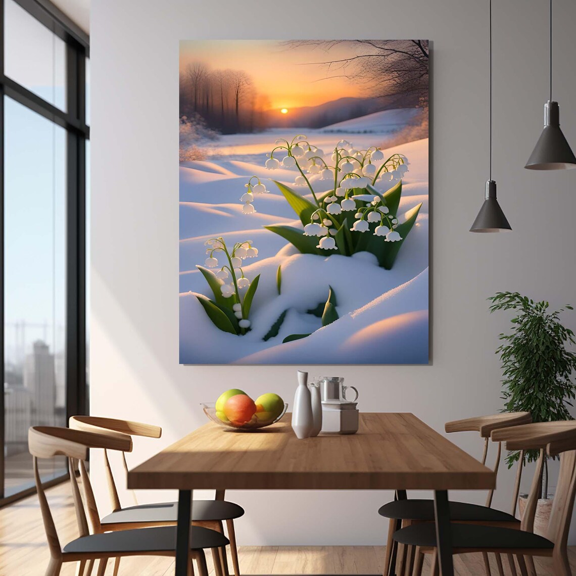 Lily Of The Valley Flowers In Snow Golden Sunrise Floral Art Print - Image 2