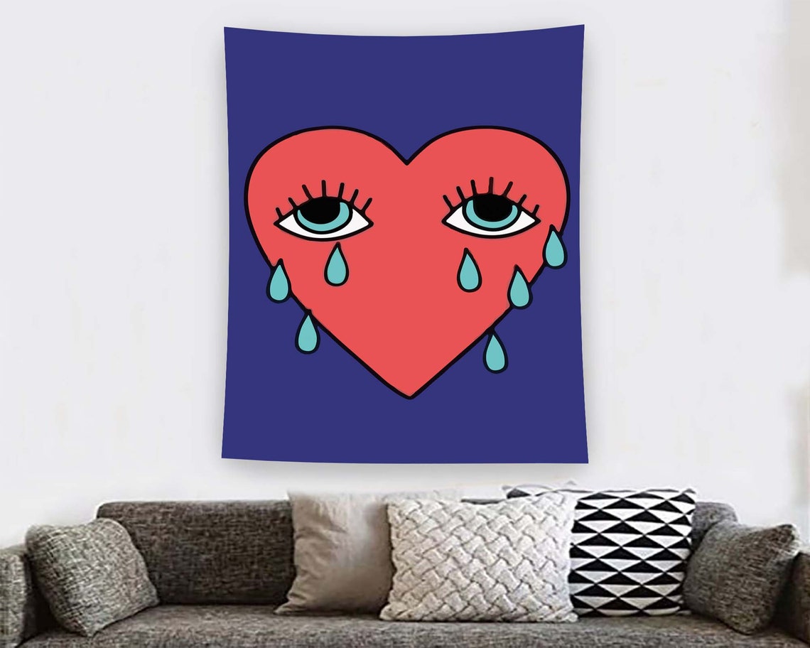 Crying Heart With Eyes Teal Tears Red Cartoon Pop Art Wall Art
