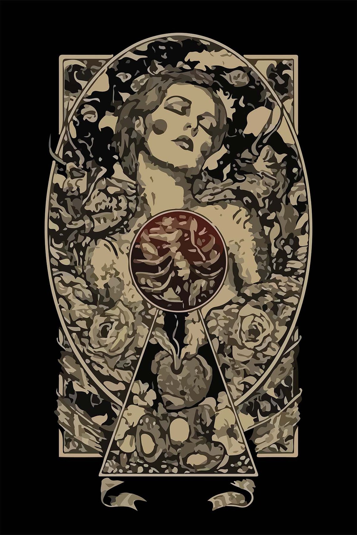 Art Nouveau Woman Roses Vintage Floral Portrait Black Gold Wall Art - Image 3