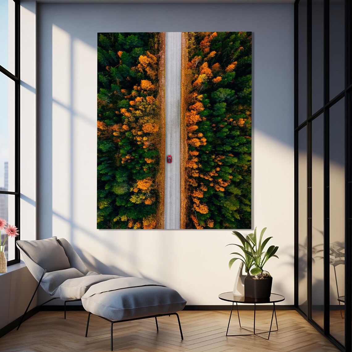Aerial Autumn Road Through Fall Forest Lone Red Car Travel Poster