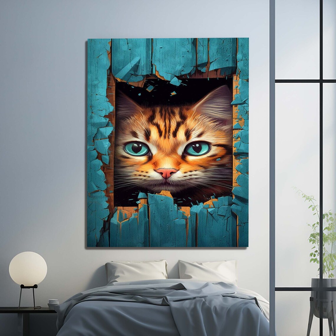 Bengal Cat Peeking Through Turquoise Wooden Door Funny Wall Art