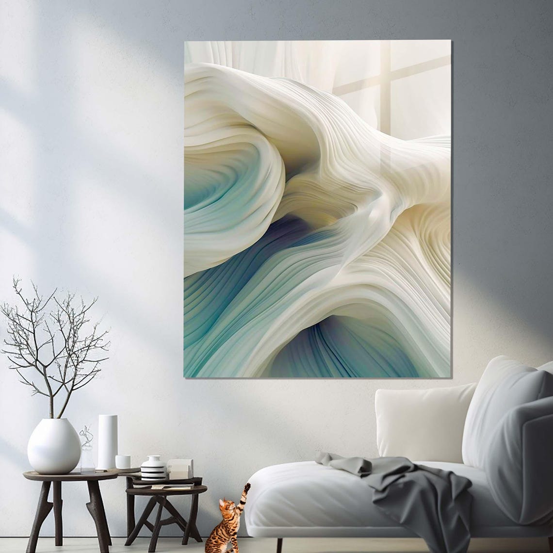 Abstract Flowing White And Teal Wave Marble Sculpture Calm Wall Art - Image 3
