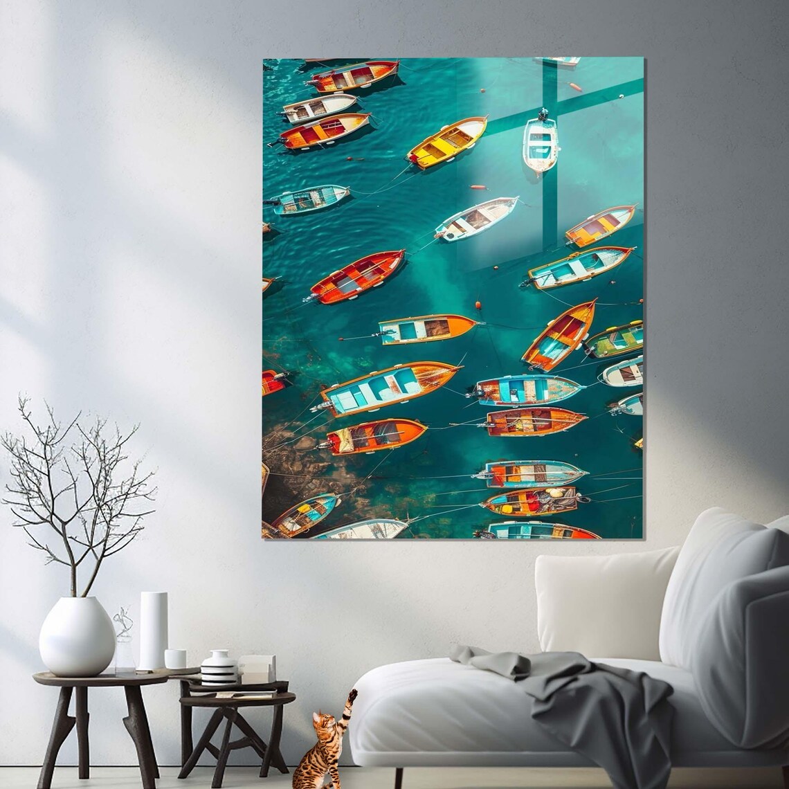 Aerial View Of Colorful Boats Anchored In Turquoise Water Coastal Art - Image 3