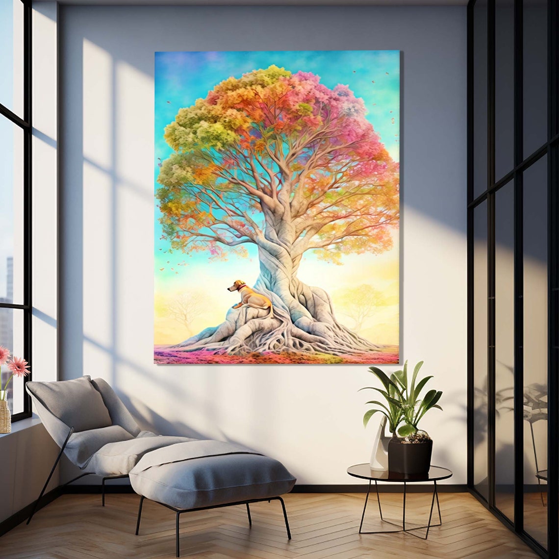 Rainbow Watercolor Tree Roots Dog White Trunk Wall Art Poster
